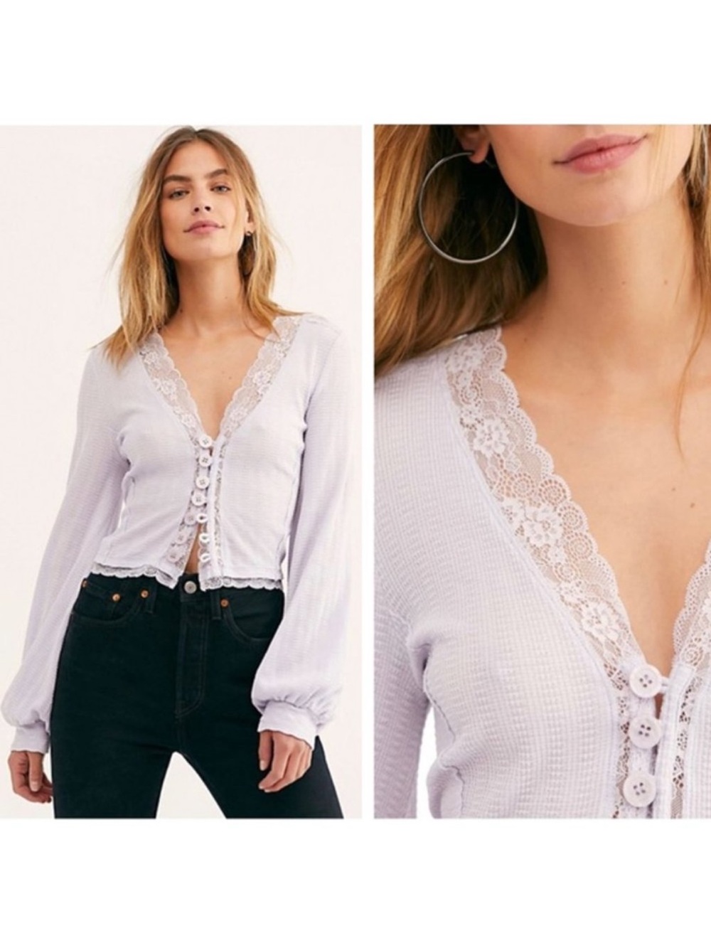 Free People • NWT Run With Me Cropped Cardi Top Lilac Lace Trim Button Up LG